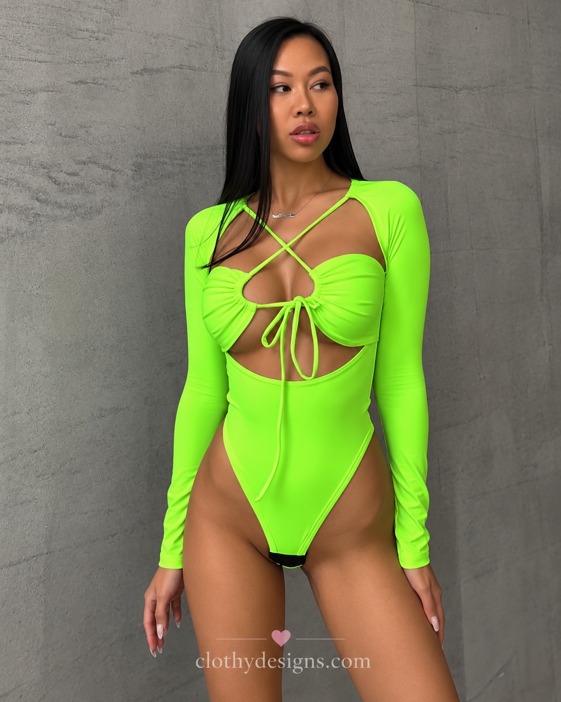 Women’s Sexy Cut-Out Tie-Front Bodysuit – Long Sleeve Slim Fit One-Piece Top